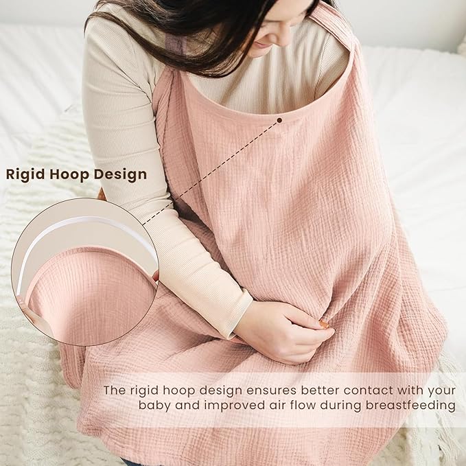 Konssy Muslin Nursing Cover for Baby Breastfeeding, Breathable 100% Cotton Breastfeeding Cover with Rigid Hoop for Mother Nursing Apron, Multi-use Carseat Canopy (Pink)
