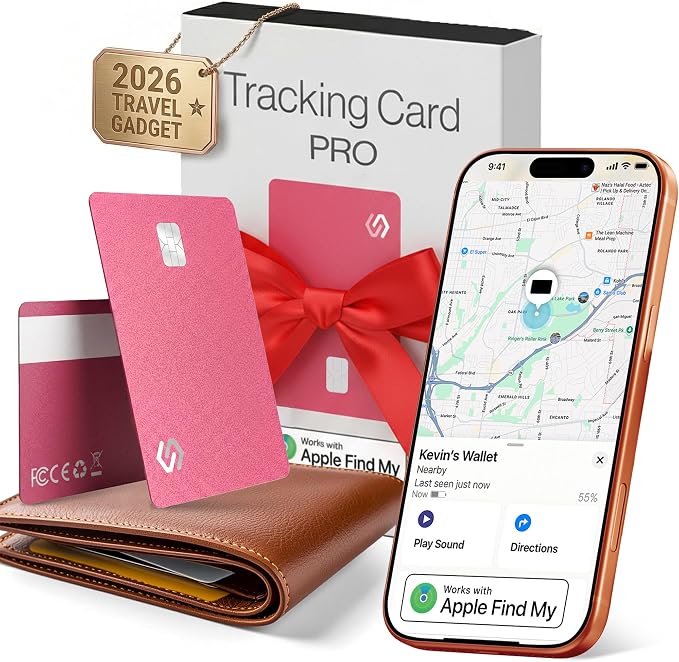 SPOTMINDERS Apple MFi Certified Credit Card Wallet Tracker PRO Pink (iOS Only) Travel Essentials for Women Works with Apple Find My Rechargeable Tracking Card IP68 0.07in Slim Item Finder for Passport