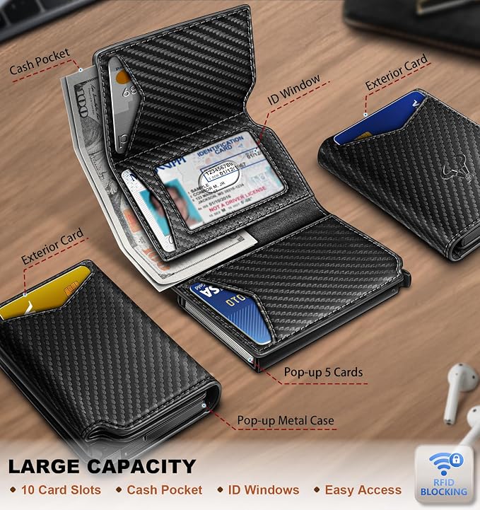 BULLIANT Men Wallet Leather Wallet Card Holders Money Clip for Men 10Cards-Magnetic Flip on Metal Case