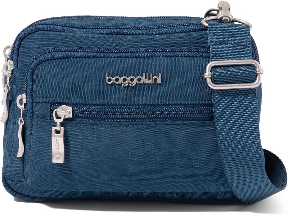 Baggallini Triple Zip Small Crossbody Bag for Women - Lightweight Convertible Fanny Pack Belt Bag