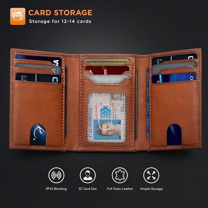 SERMAN BRANDS Trifold Wallet for Men - RFID Blocking Full Grain Leather, 11 Card Slots & ID Window, Slim Everyday Carry, Durable Stitching, Gift for Him