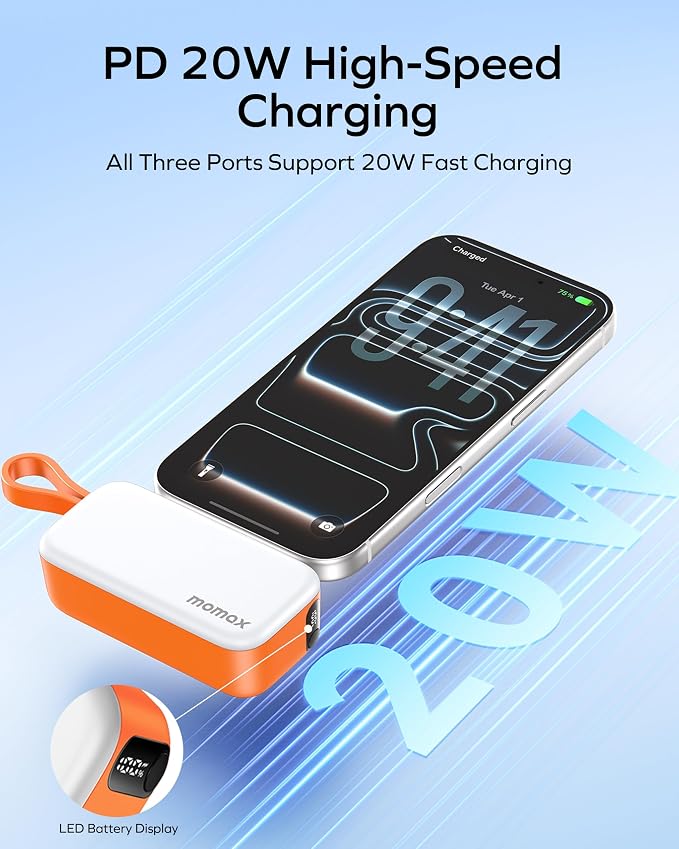 MOMAX Portable Charger, 5000mAh Small Power Bank PD 20W Fast Charging Battery Pack with 3 USB-C, LED Battery Display, Smart Temperature Control for iPhone 17 16 15 Pro Max(Orange)