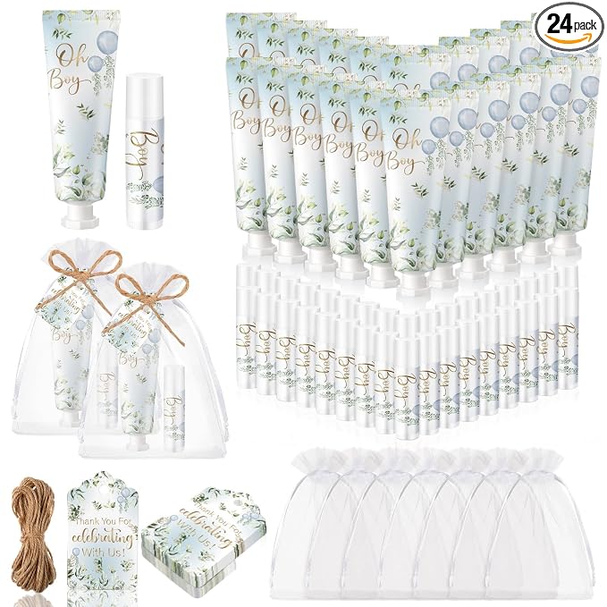 Lounsweer 24 Sets Oh Boy Baby Shower Hand Cream and Lip Balm Gift Blue Balloon Baby Shower Party Favors for Guest Greenery Boy Travel Size Hand Lotion and Lip Balm Birthday Party Supplies