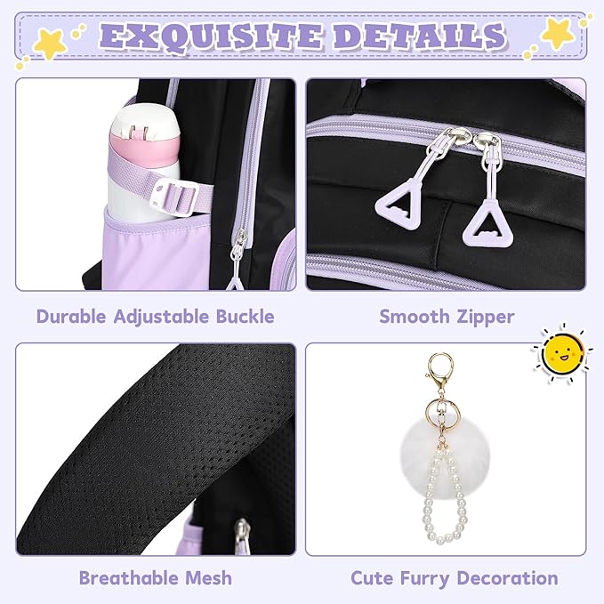 MUSEVOS Girls Backpack, Ideal School Backpack for Girls from Elementary to Teen Years, Kawaii Bookbag Cute Large Capacity (BLACK&PURPLE)