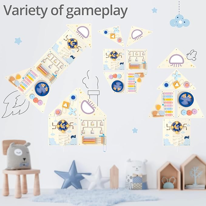 Pillowhale Tangram Activity Wall Busy Board Panels | 12-in-1 Learning Activity Center, Wooden Montessori Sensory Toys for Toddler Playroom, Nursery, Daycare, Classroom