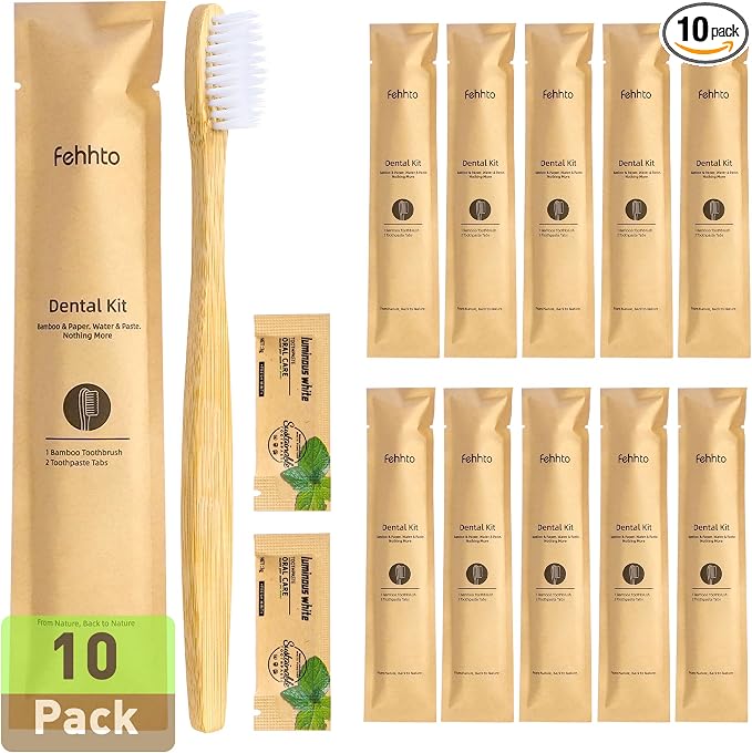 10 Pack Bamboo Toothbrushes Kit, Disposable Travel Toothbrushes with Toothpaste (6g), Individually Wrapped Guest Dental Kit for Hotel Amenities, Airbnb Hosts, Travel & Camping