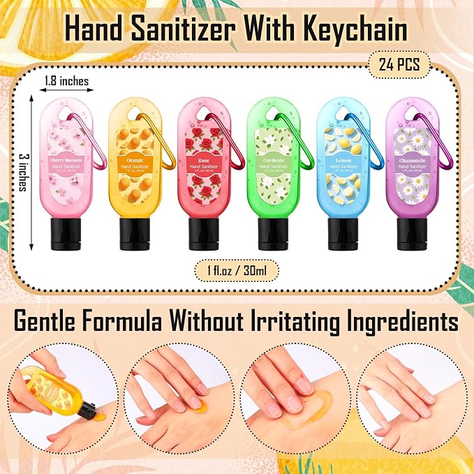 24 Pack Scented Hand Sanitizer Keychain Gift Bulk Lavender Travel Size Hand Sanitizer Gel for Wedding Graduation Party Supplies Friend Teacher Coworker Nurse Teacher Women Appreciation Gift