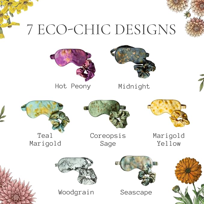 SILK & WILLOW - Botanical Print Pure Mulberry Silk Eye Mask & Scrunchie Gift Set, Luxurious Sleep Eye Mask & Hair Accessory Bundle, Durable Nature-Considerate Wellness Gifts for Women, Marigold Yellow