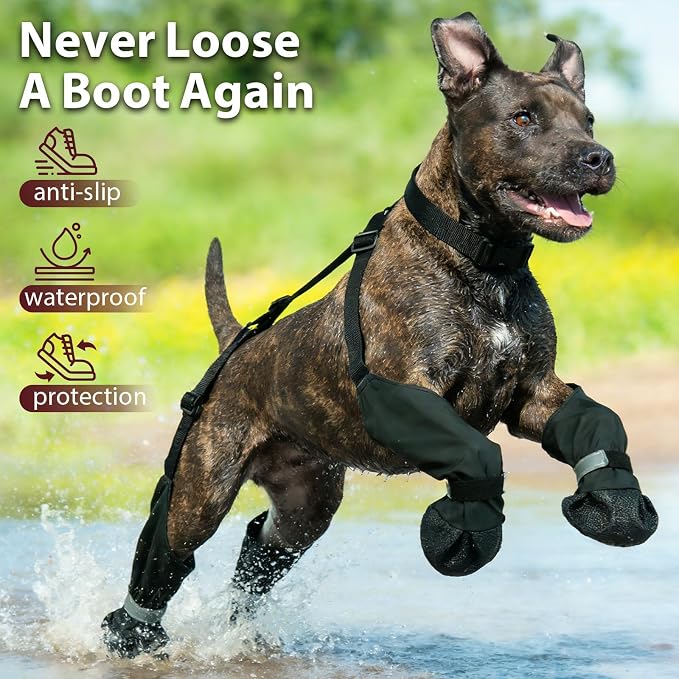 Dog Suspenders Boots, Winter Snow Shoes for Medium Dogs, Waterproof Dog Boots for Rain Mud, Anti-Slip Stay-On for Active Dogs, Adjustable Reflective Paw Protector for Walking Hiking, L Black