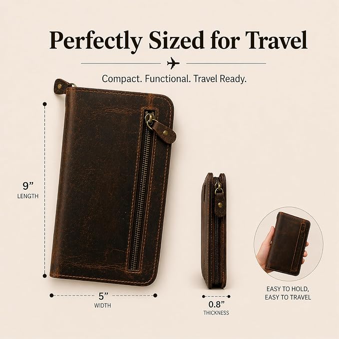 Brown Leather Family Passport Holder - Travel Document Organizer Wallet with Card Slots ID Window Zipper Closure for Multi Passport Storage Travel Use, 5 x 9