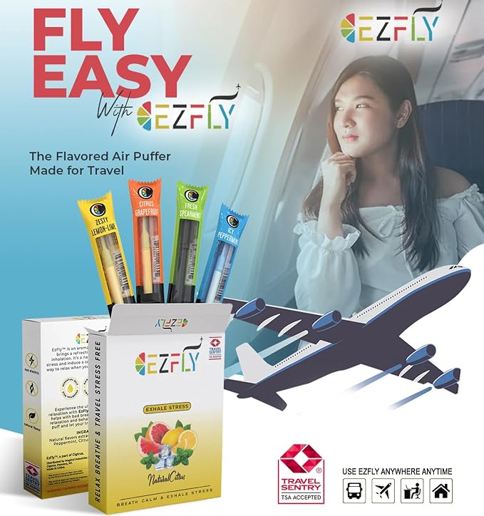 Travel Essentials - EZFly - TSA Accepted Flavored Air Puffer, Travel Accessories for Plane, Cruise, Bus and Train, Best Airplane Gadgets - Electric and Smoke Free (Blue and Yellow)