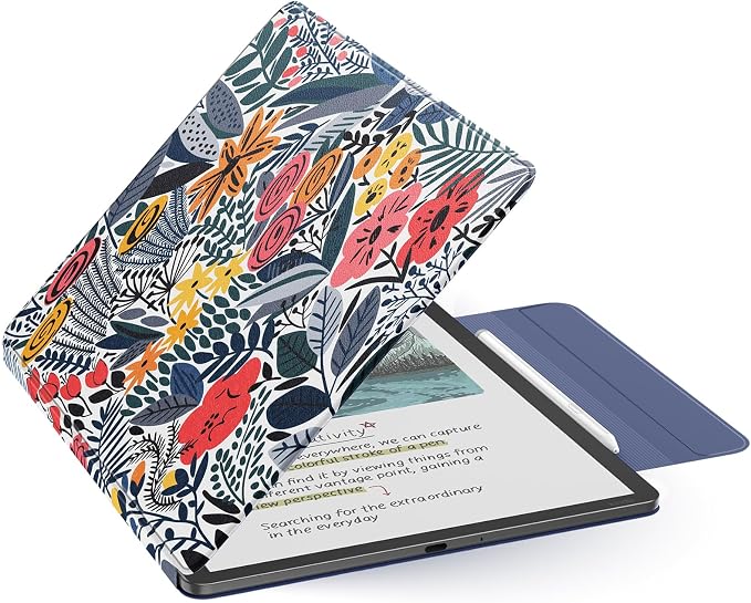 MoKo Magnetic Case for All-New 11" Kindle Scribe 2025(3rd Generation) & Kindle Scribe Colorsoft 2025(1st Gen) - Slim Folio Premium PU Leather Cover with Pen Clasp & Auto Sleep Wake, Blue Leaf Flower