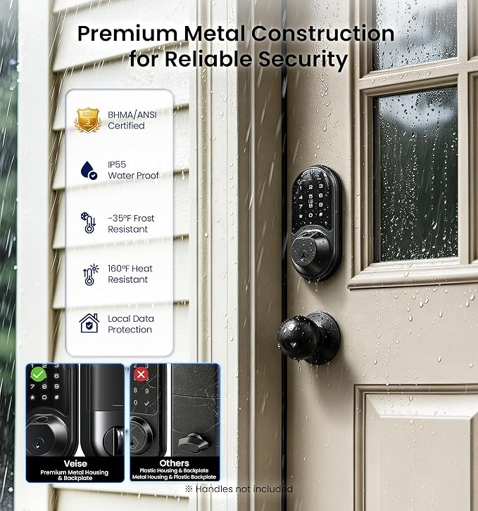 Veise RZ07 Fingerprint Smart Lock, 7-in-1 Smart Locks for Front Door, Keyless Entry Door Lock with App Control & Auto-Lock, Biometric Electronic Touchscreen Keypad Deadbolt, Matte Black