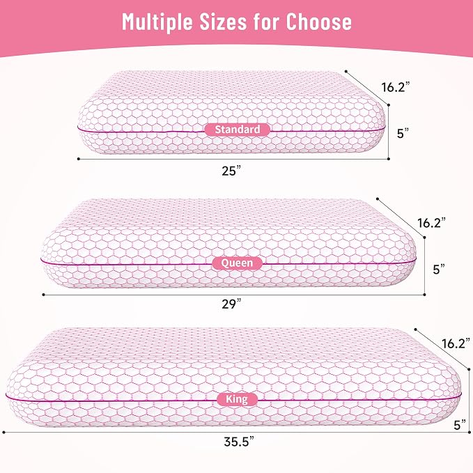 CushyOasis Memory Foam Pillows for Side, Back and Stomach Sleepers, Set of 2, Bed Pillow with Washable Cover and Breathable Mesh, Bed Pillow for Sleeping (Pink，Standard Size)