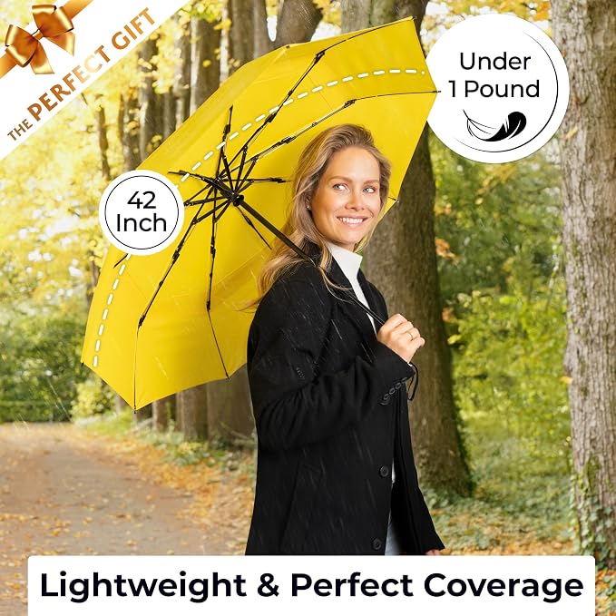 TUMELLA Strongest Windproof Travel Umbrella (Compact, 100MPH Wind-Tested), Light, Portable, One-Handed Use, Automatic Folding Rain Umbrella, Durable, Premium Grip, Fits Car & Backpack