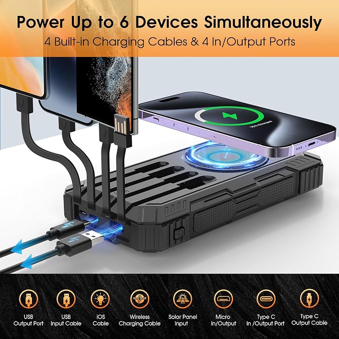 BLASOUL Solar Charger 49800mAh Power Bank - Wireless Portable Phone Charger with 4 Built-in Cable,22.5W Fast Charging External Battery Pack PD 3.0 USB-C in/Output Perfect for Camping,/Hiking