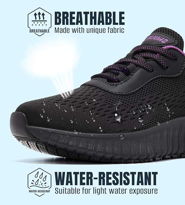 SHULOOK Women's Non Slip Work Shoes Slip-Resistant Kitchen Chef Restaurant Food Service Nurse Shoe Comfortable Mesh Breathable Walking Sneakers Black