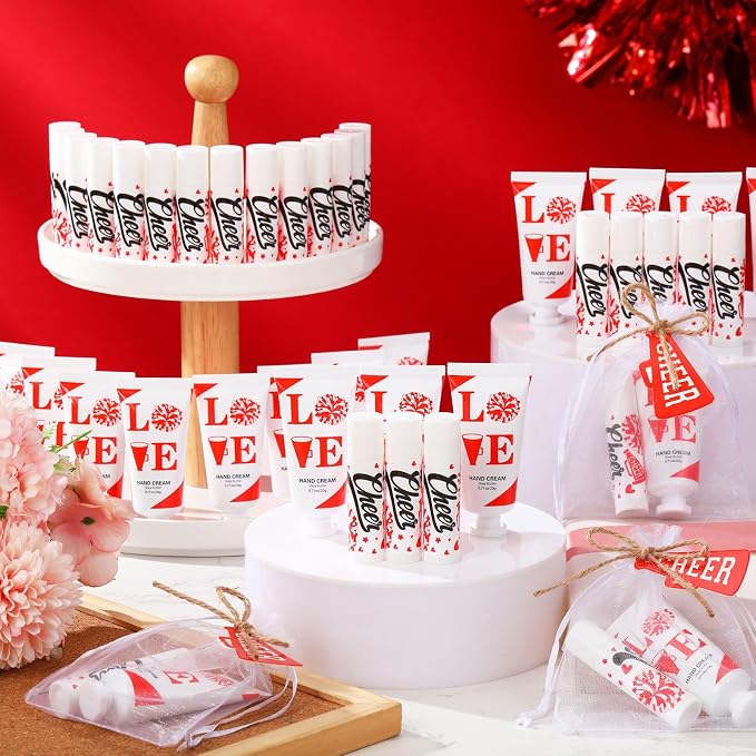 144 Pcs Red Cheer Lip Balm Hand Cream Set Party Favors Cheer Teams Camp Gifts Include 36 Lip Balm 36 Moisturizing Hand Cream 36 Bags 36 Cards and Ropes for Guest Party Supplies Accessories