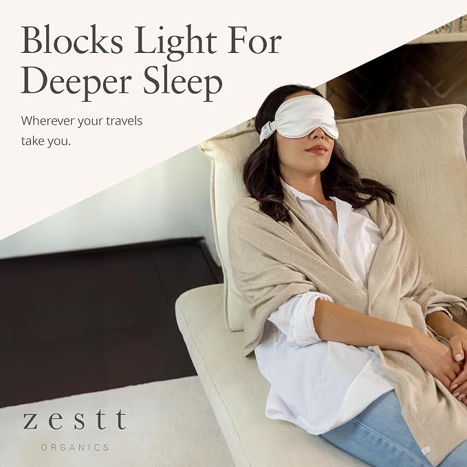Zestt Organics Silk Sleep Mask Set, 100% Mulberry Silk Eye Mask for Women with Hair Scrunchie & Matching Carry Bag (Black)