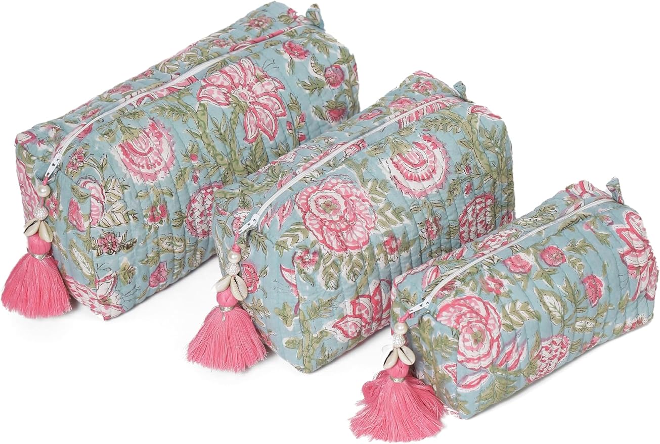 Saffron Marigold Quilted Makeup Bag Set of 3, Hand Block Printed Cotton Cosmetic Bags for Women, Waterproof Lined Travel Toiletry Bag, Coquette Floral Aesthetic, Handmade Gift, Jacobean Dreams