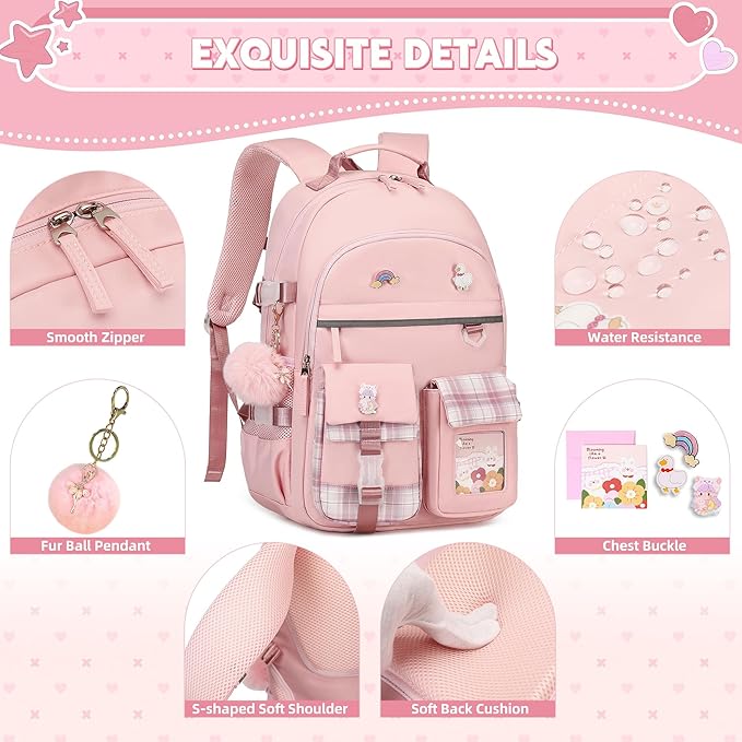 Backpack for Girls 15.6 Inch Laptop School Bag Kids Elementary College 3pcs Backpacks Lunch box Pencil Case Set Bookbags for Girls Teen Women Student Pink