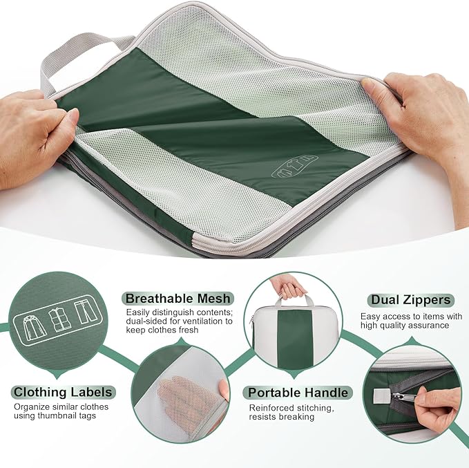 10 Set Compression Packing Cubes for Travel Essentials,Compressible Expandable Packing Cubes for Suitcase,OlarHike Luggage Garment Bags for Travel,Handy Helper for Organizing Clothes(Dark Green)