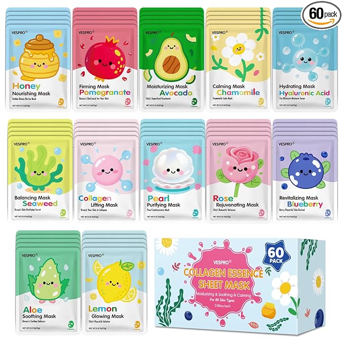 60 Pack Bulk Collagen Facial Masks, moisturizing & Hydrating Face Masks for Women, Skincare for All Skin Types, Bulk Sheet Mask Skin Care Gifts, Sleepover Party for Teen Girls(12 Types x 5 Pcs)
