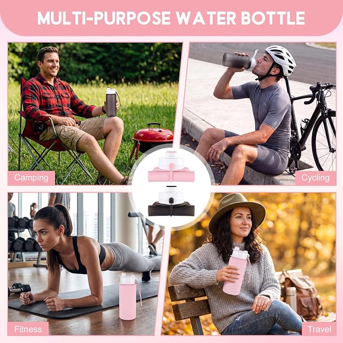 LemonRoad 2 Pcs 19 oz Silicone Collapsible Water Bottle Portable Foldable Water Bottle Leakproof with Carabiner Reusable Lightweight for Travel Sport Hiking Camping Cycling Office(Pink Gray)