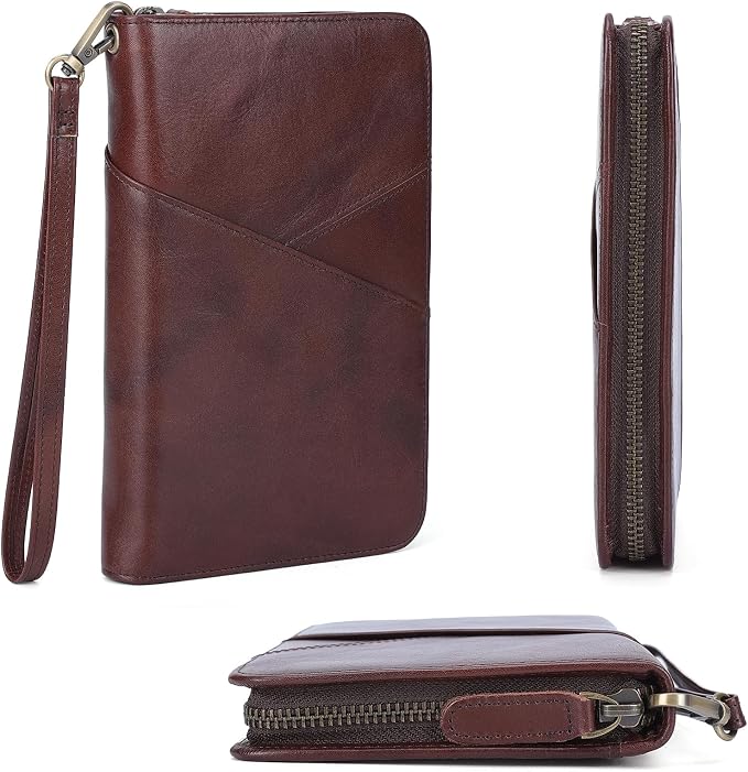 Polare Full Grain Leather Passport Holder With YKK Zipper RFID Blocking Travel Document Organizer Ticket Holder Cover Case Holds 2 Passports (Coffee)