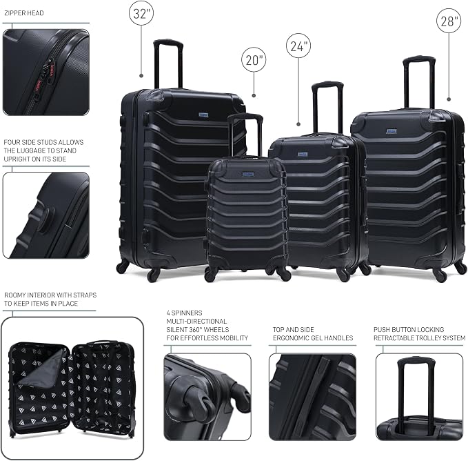 InUSA ENDURANCE Luggage with Spinner Wheels | Durable Lightweight Hardshell Suitcase, Travel Sets with Handle and Trolley | (20in, 24in, 28in, 32in) 4 Pieces Luggage Set | Black
