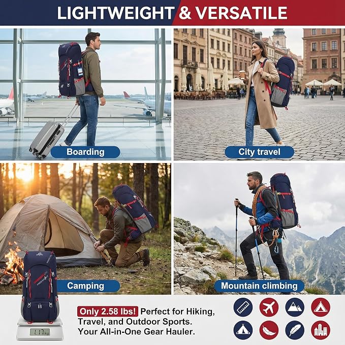 Bseash 65L Waterproof Hiking Camping Backpack with Rain Cover, Outdoor Sport Travel Daypack for Climbing Touring (Navy Blue)