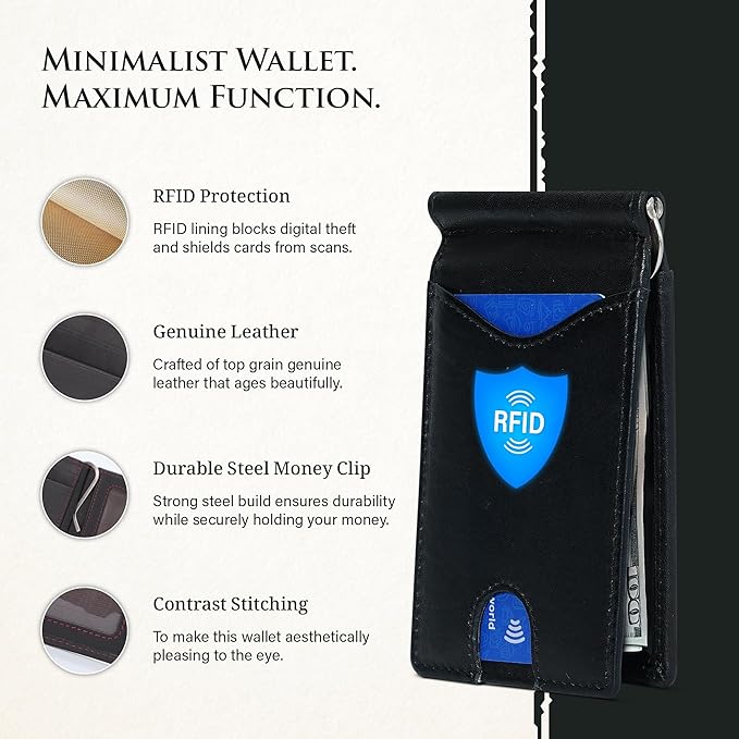 ROGUE WALLET Genuine Leather Minimalist Wallets - RFID Blocking with Money Clip - Interior & Exterior Card Pockets & More - Gift for Men (Red Line)