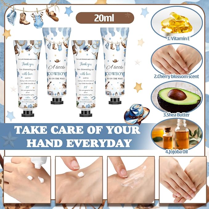 50 Sets 200 Pcs Cowboy Baby Shower Gifts Bulk Hand Lotion and Lip Balm Party Favors a Little Cowboy Is on The Way Theme Baby Shower Travel Size Hand Lotion and Lip Balm with Organza Bags Tags