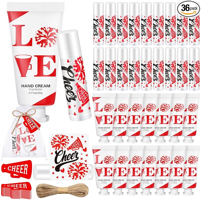 144 Pcs Red Cheer Lip Balm Hand Cream Set Party Favors Cheer Teams Camp Gifts Include 36 Lip Balm 36 Moisturizing Hand Cream 36 Bags 36 Cards and Ropes for Guest Party Supplies Accessories