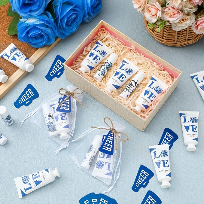 144 Pcs Blue Cheer Lip Balm Hand Cream Set Party Favors Cheer Teams Camp Gifts Include 36 Lip Balm 36 Moisturizing Hand Cream 36 Bags 36 Cards and Ropes for Guest Party Supplies Accessories