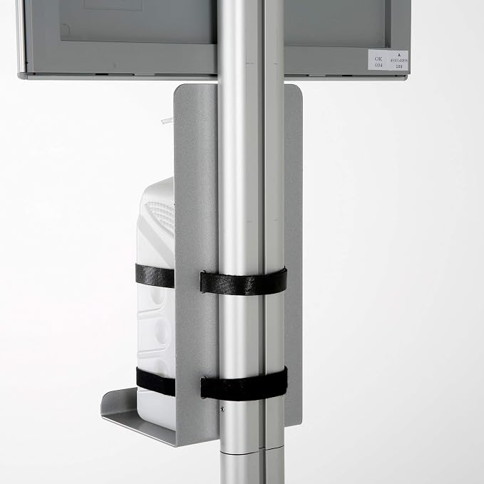M&T Displays Floor Stand Universal Holder for Liquid/Lotion Soap or Hand Sanitizing Products, Face Mask, Disposable Glove, Facial Tissue with 11x17 Inch Opti Snap Frame Message Sign Post