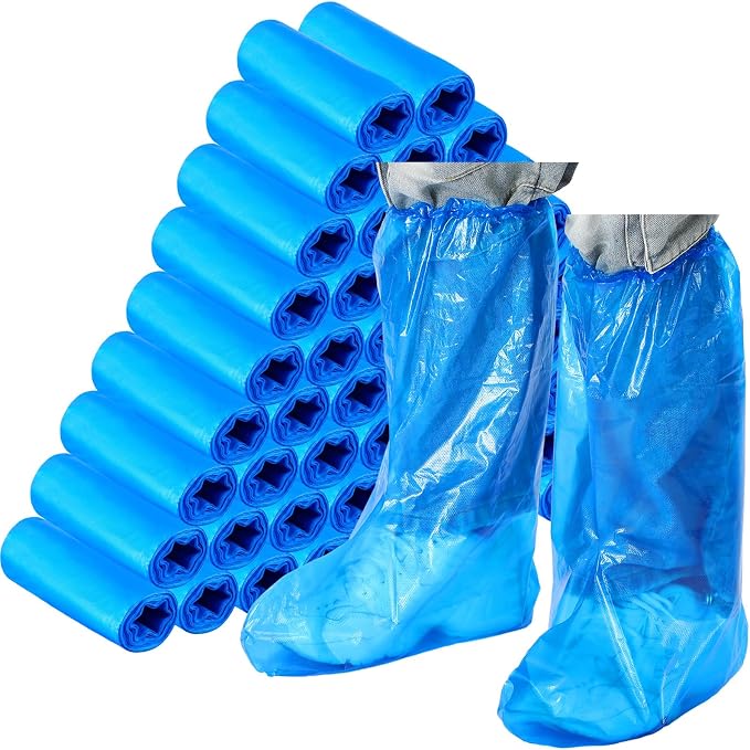 Chicingyou 200 Pack Thick Disposable Boot and Shoe Covers Non Slip Heavy Duty Plastic Shoe Covers 19" Tall for Indoors Outdoor Rain Snow Contractors Plumbers Gardening Work Boots (Blue)