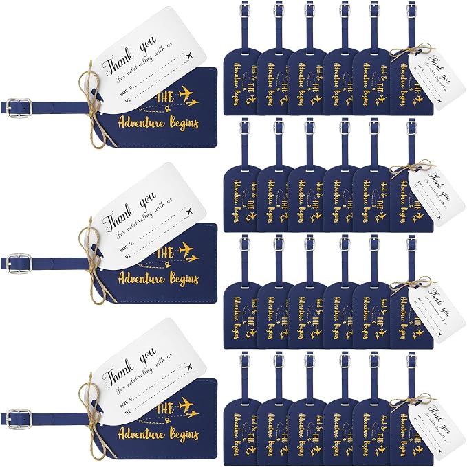 Sweetude 48 Sets Bulk Luggage Tags Wedding Favors and So The Adventure Begins Leather Luggage Tags for Suitcases with Name Card for Travel Themed Bridal Shower Graduation Party Favor(Blue)