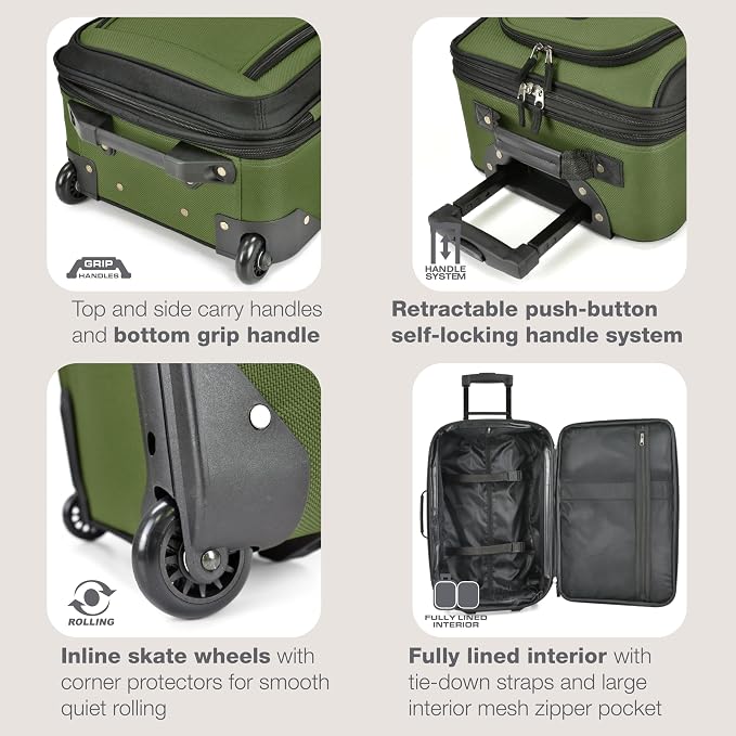 U.S. Traveler Rio Lightweight Softside Rolling Carry-on Suitcase, 2-Wheel Set, Green