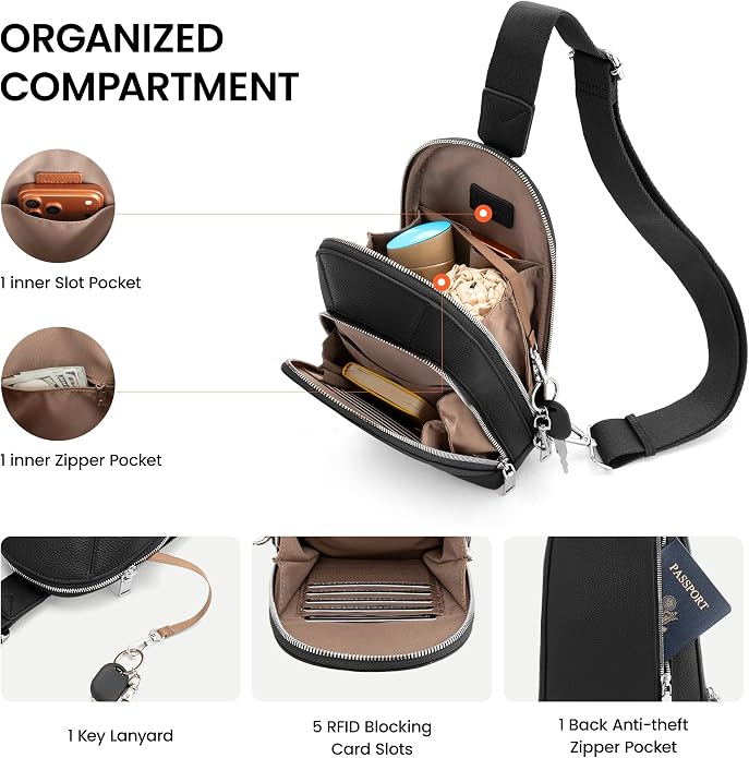befen Genuine Leather Sling Bag for Women Anti Theft Crossbody Chest Bags Leather Fanny Packs for Travel with RFID Card Slots