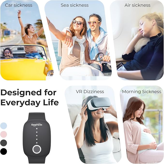 EmeTerm Fashion Anti-Nausea Wristband Relieve Morning Motion Travel Sickness Rechargeable Drug Free Bands without Side Effects - Extra 2pack Conductive Gel (Black - Extra 2pack Conductive Gel)