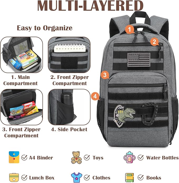 Kids Tactical Backpack Army Molle Bookbag Military Boys Backpack for School, Outdoor, Camping, Grey