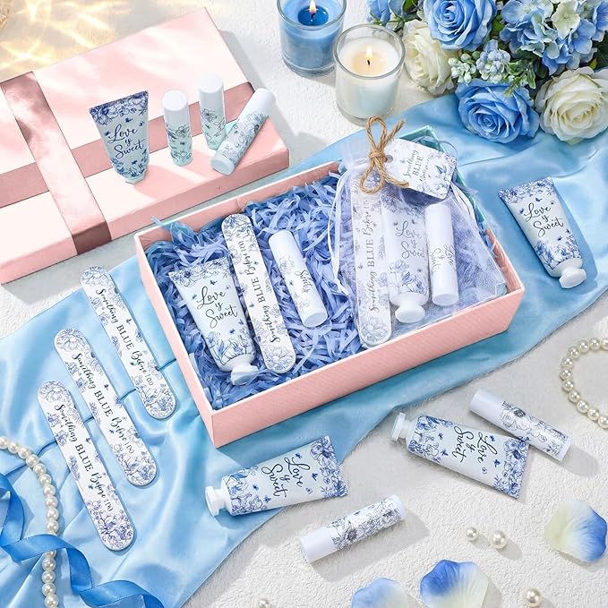 Leelosp 24 Sets Something Blue Before I Do Bridal Shower Hand Cream Lip Balm Nail File Gift Bulk Blue Floral Wedding Favors Travel Size Thank You Gifts Set Bridal Shower Favors for Guests