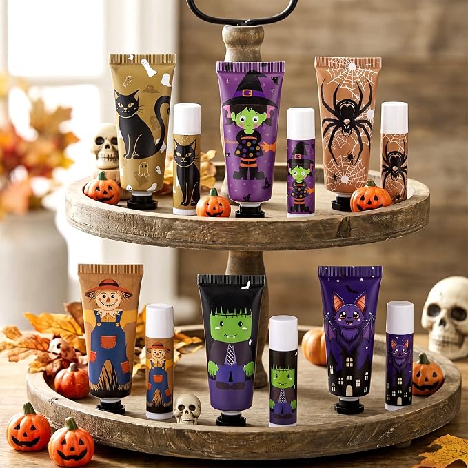 6 Pack Halloween Hand Cream and Lip Balm Gifts Sets for Women Mini Hand Lotion Bulk Travel Size Moisturizing Cream Halloween Party Favors for Boo Basket Stuffers 6 Natural Plant Fragrances