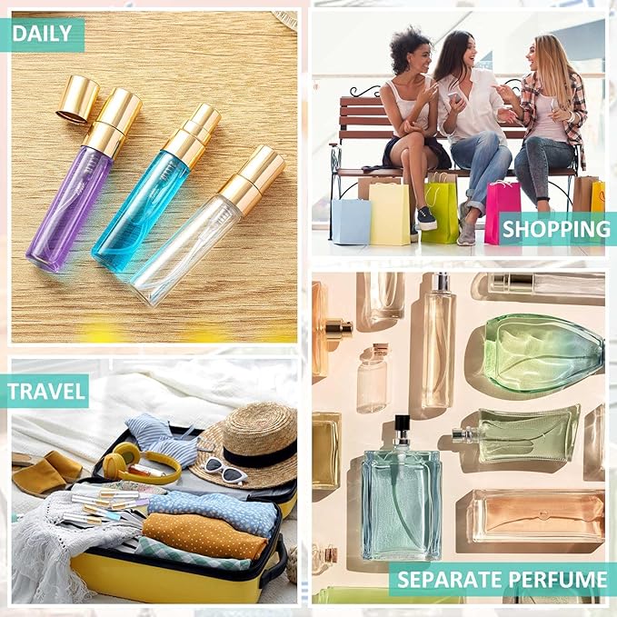 Zhehao 10 Pcs Mini Spray Bottles 5 ml Clear Glass Perfume Bottles Refillable Fine Mist Perfume Atomizer Portable Empty Sample Containers for Cleaning, Essential Oils, Travel (Gold Cap)