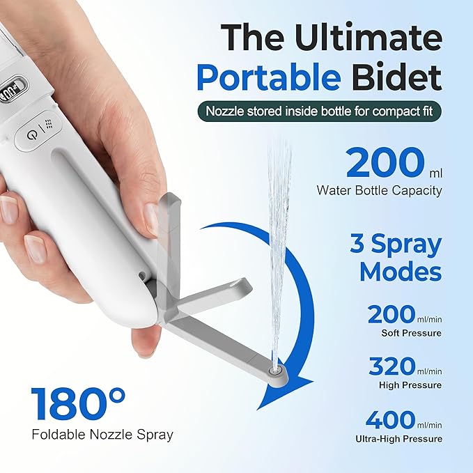 Electric Portable Bidet- Rechargeable Travel Bidet for Women, Postpartum, Hygiene | 3 Pressure Modes, 260 Uses/Charge, IPX7 Waterproof, Foldable & Compact, Standard Bottle Fit, USB-C Charging, White
