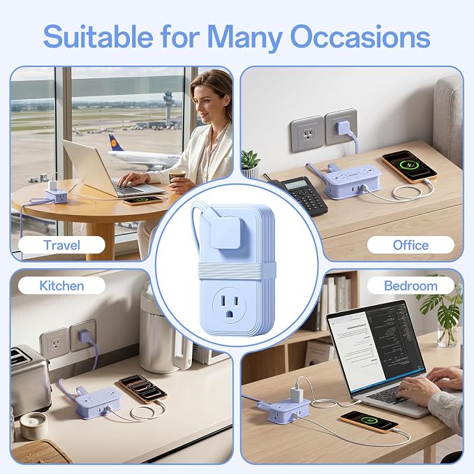 Travel Power Strip, SMALLRT 2 Pcs Extension Cord with Multiple Outlets, 3.3FT Wrapped Extension Flat Plug Power Strip with 4 AC Outlets for Travel, Hotel, Cruise Approved, No Surge Protection, Blue