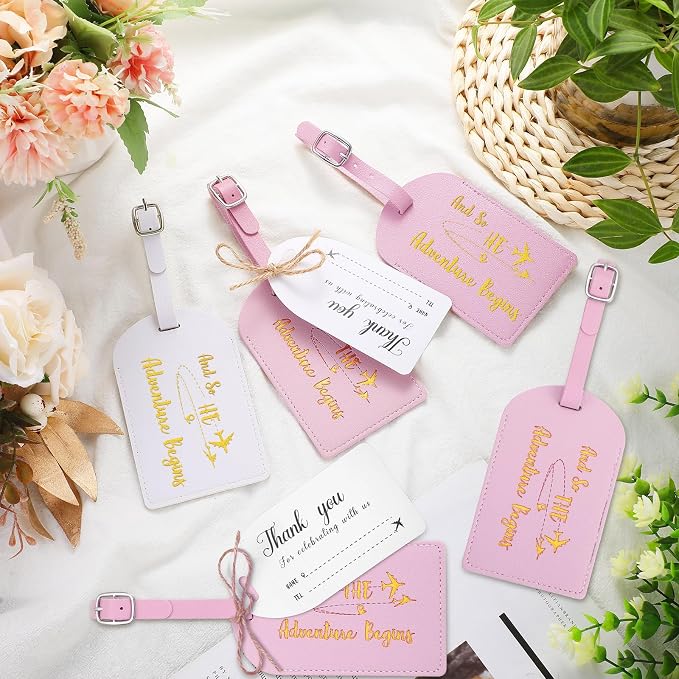 Sweetude 48 Sets Bulk Luggage Tags Wedding Favors and So The Adventure Begins Leather Luggage Tags for Suitcases with Name Card for Travel Themed Bridal Shower Graduation Party Favor(Pink)