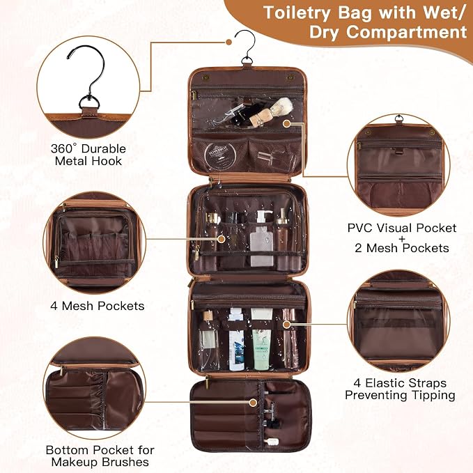 Personalized 3-in-1 Hanging Toiletry Bag Fathers Day Birthday Gifts for Men Dad Husband, Custom Initial Large Waterproof PU Leather Dopp Kit Shaving Bag Travel Essential for Him Light Brown Y