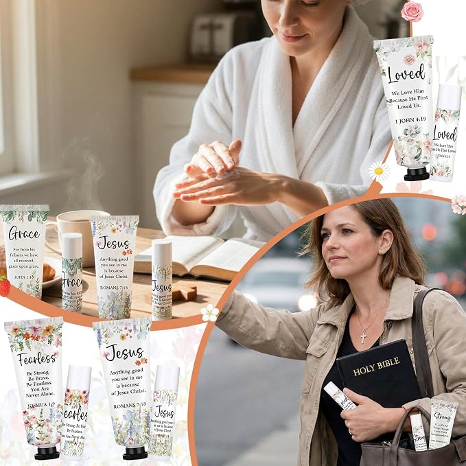 Loopeer 30 Sets Bulk Christian Hand Cream and Lip Balm Set for Women Religious Travel Size Moisturizing Lip Care Mini Religious Gifts for Women Coworker Appreciation Gift